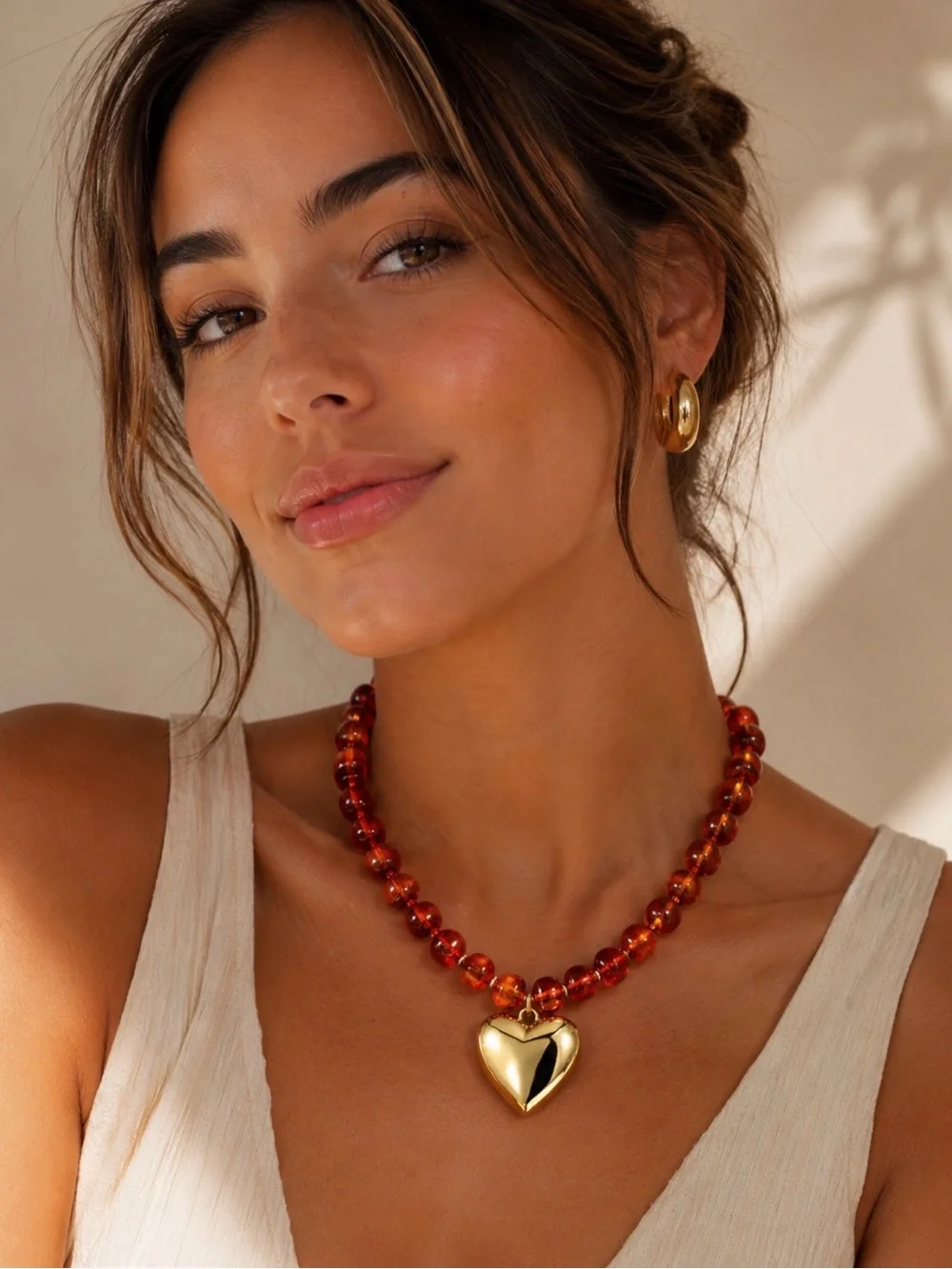 Amber Bead Necklace with Gold Heart Pendant - Women's Jewelry